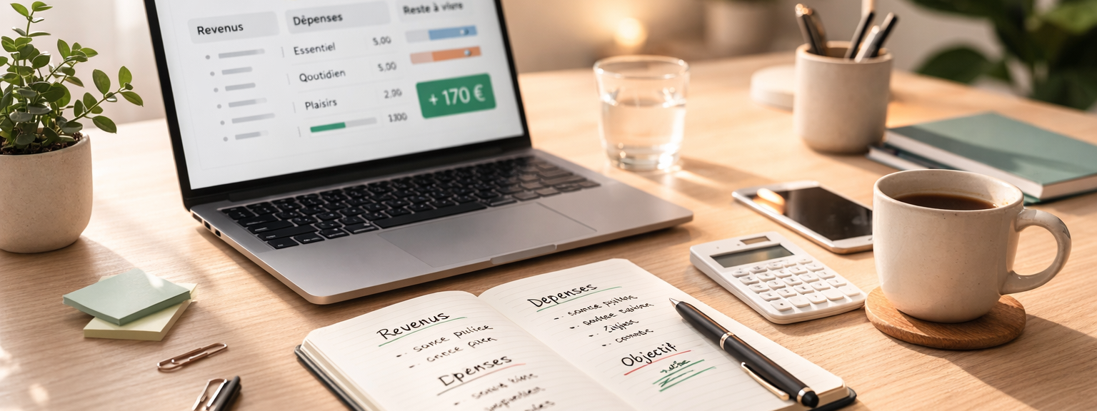 Photographie lifestyle lumineuse d’un bureau organisé aux tons beige et vert doux. Carnet ouvert, ordinateur portable et smartphone affichant des graphiques illustrent une gestion financière simple, structurée et apaisée. L’image évoque la clarté, l’organ