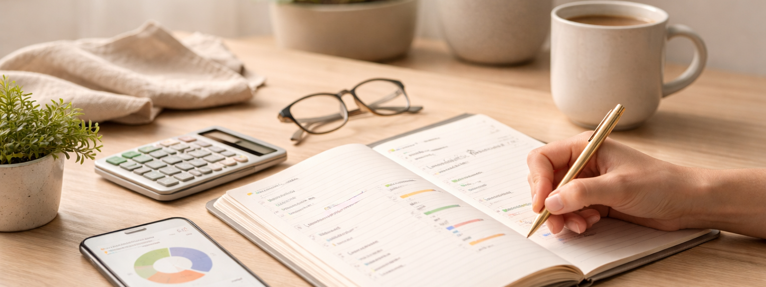Photographie lumineuse d’un espace de travail organisé aux tons naturels et verts doux. Carnet de budget ouvert, smartphone affichant un graphique circulaire, calculatrice et tasse de café illustrent une gestion financière claire, structurée et apaisée. L