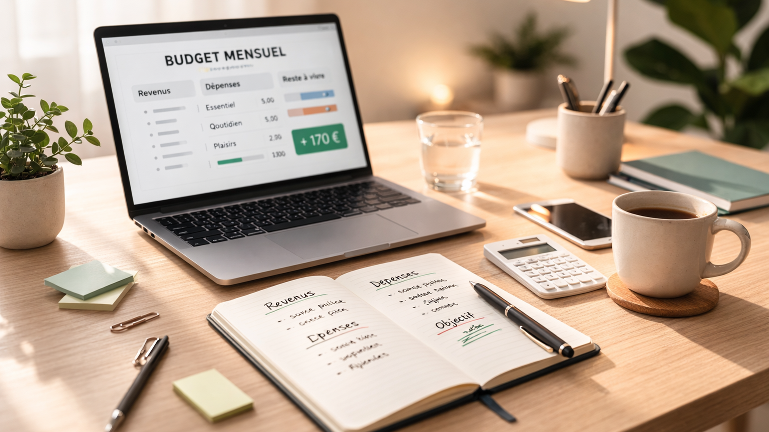 Illustration minimaliste et moderne représentant un tableau de budget mensuel dans une ambiance douce et organisée. Tons verts et neutres, composition épurée, atmosphère calme et rassurante évoquant la maîtrise et la simplicité financière.
