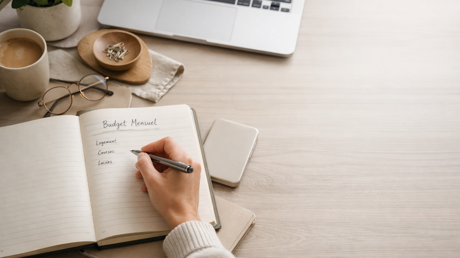 Personne écrivant son budget mensuel dans un carnet sur un bureau minimaliste avec ordinateur portable et tasse de café. Ambiance douce et organisée, illustrant la gestion simple et sereine des finances personnelles.