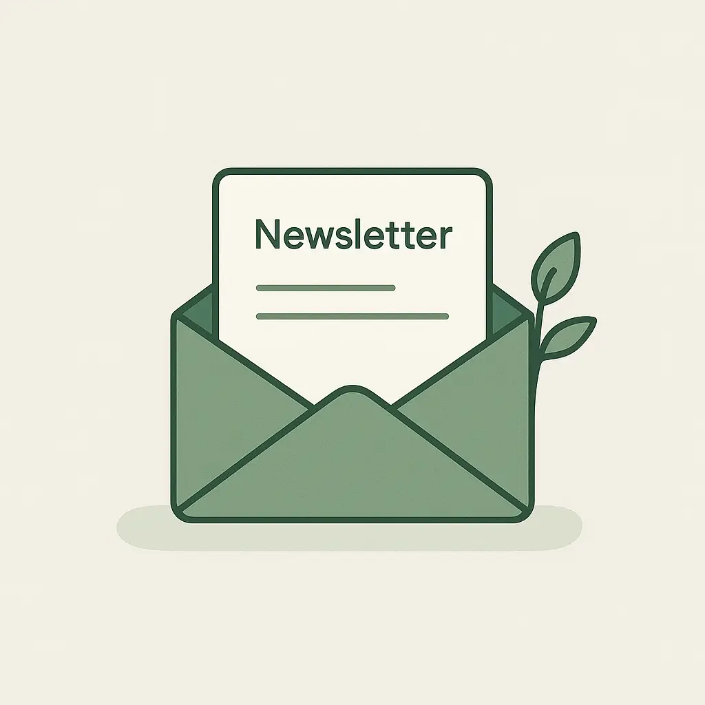 Illustration minimaliste d'une enveloppe ouverte symbolisant l'inscription à la newsletter MoneySimple, dans un style linéaire premium vert.